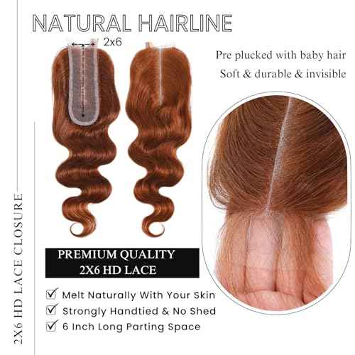 ALHER 33 Reddish Brown 3 Bundles with 2x6 Lace Closure Body Wave, 12A 100% Unprocessed Brazilian Virgin Remy Human Hair, Copper Brown Wavy Bundles with 2x6 Long Deep Part Lace Closure 12 14 16+12 Inch