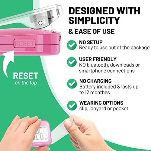 NESKLA 3D Pedometer for Walking, Simple Step Counter for Walking with Large Digital Display, Step Tracker with Removable Clip Lanyard, Accurately Track Steps for Men Women Kids Adults Seniors, Pink