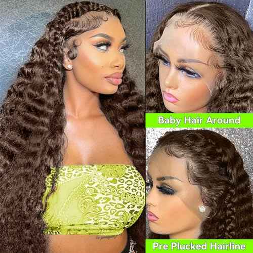 30 Inch Chocolate Brown Deep Wave Lace Front Wigs Human Hair 200 Density 13x6 HD Lace Frontal Wigs Wet and Wavy Curly Brown Color Human Hair Glueless Wig For Women Pre Plucked