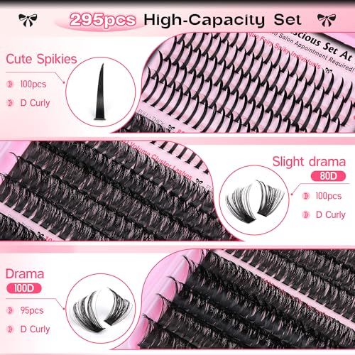 Lash Clusters Kit 13-21MM Lash Spikes Eyelash Clusters 80D 100D Thick Cluster Eyelash Extensions Kit Spiky DIY Lash Extensions Kit Individual Lashes Volume 295PCS