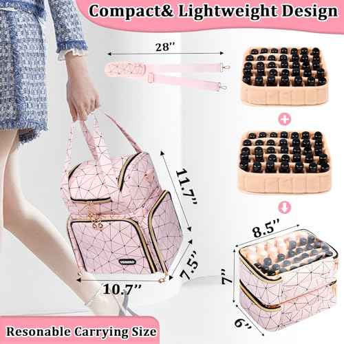 Nail Polish Organizer Bag - PU Leather Shoulder Storage with 2 Removable Cases and Nail Lamp, Holds 70 Bottles - Portable Travel Backpack for Nail Tech Supplies (Pink)