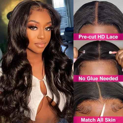 Wear and Go Glueless Wigs Human Hair Pre Plucked Pre Cut 5x5 HD Lace Closure Wigs Upgraded Transparent Body Wave Lace Front Wigs for Black Women with Natural Hairline 180 Density 14 Inch