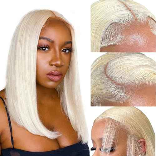 DEWELLY 613 Blonde Bob Wig Human Hair 16 Inch Straight Blonde Bob Lace Front Wigs Human Hair Pre Plucked 613 Colored 180% Density 13x4 HD Lace Frontal Short Bob Wigs for Women Glueless with Baby Hair