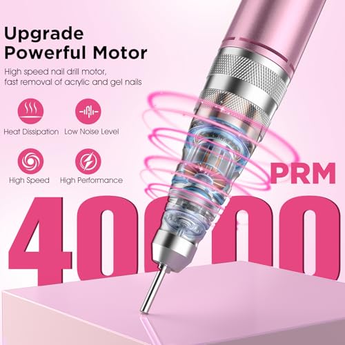 Electric Nail Drill Kit 40000RPM Efile Nail Drill Professional with 12 Drill Bits & 66 Sanding Bands Cordless & Rechargeable Nail Drills for Nails Acrylic Gel Polishing Removing Home/Salon Use-Pink