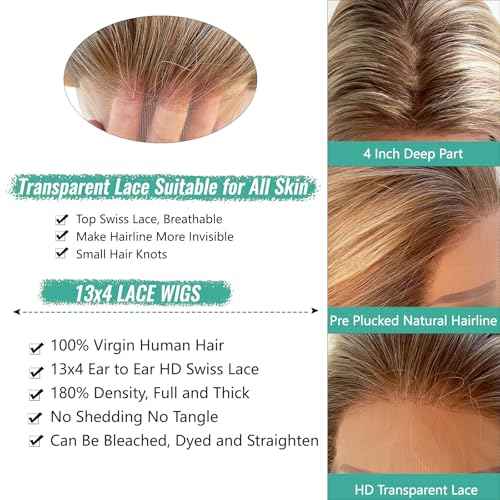 Munx Highlight Ombre Ash Blonde Lace Front Wigs for White Women, 13X4 Lace Frontal Human Hair Wig Brown Mixed Blonde Colored Glueless Pre Plucked Long Wigs with Tiny Knots 24in