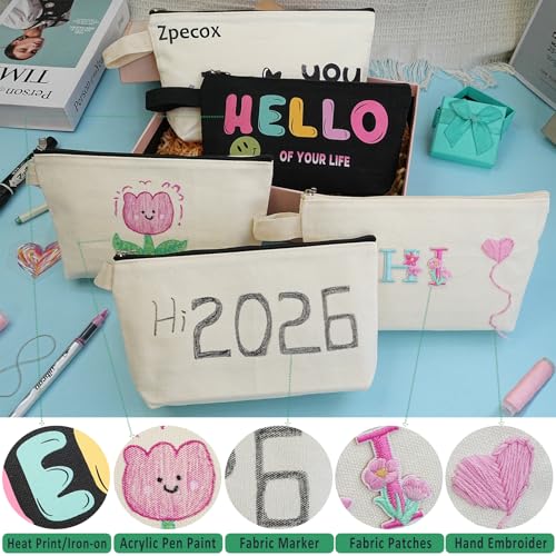 12PCS Canvas Makeup Bags Bulk, 12x8'' Large 12Oz Thick Cotton Canvas Zipper Pouches for Cosmetic Toiletries Oragization, Plain Beige Makeup Bag to Personalize (Beige, L, 12.2x7.4x 2.7'')