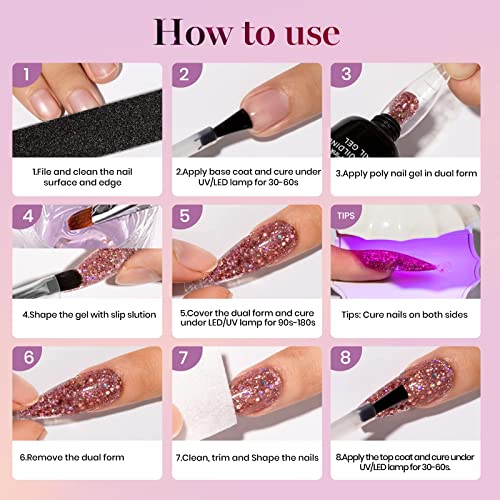 SUPWEE Glitter Poly Extension Gel Set for Nail Builder Nail Strengthen Poly Nail Enhancement with Poly Nail Forms Varnish Soak Off UV Gel Manicure Nail Salon Set 9 Colors 15ML(0.5FL OZ)