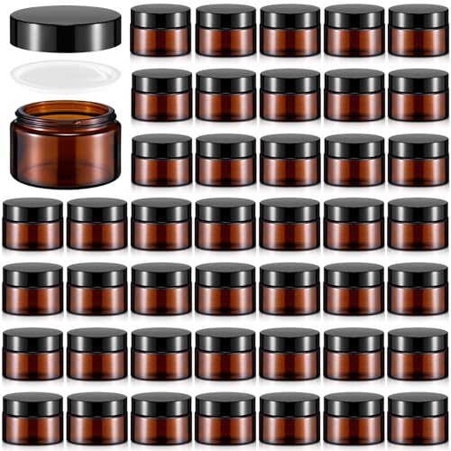 Domensi 60 Pcs 1oz Glass Jars with Lids Bulk Salve Tins Winter Cream Container Small Glass Candle Cosmetic Jars for Travel Lip Balm with Inner Liners for Lotion Sample Cream(Amber, Black Lid)