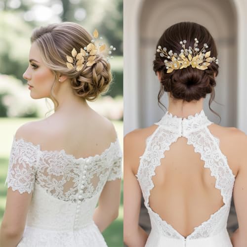 Gold Leaf Bridal Hair Pins with Pearl Rhinestones - 10 Pieces