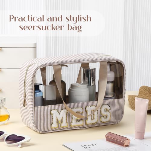 Seersucker Makeup Bag with Chenille Letter & Handle, 11.8"