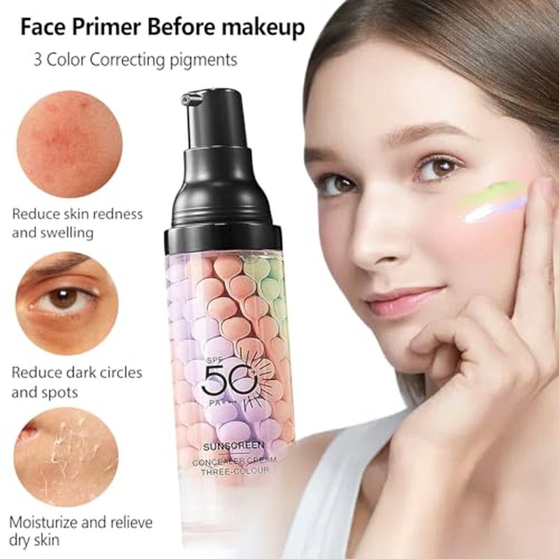 Firstfly Color Correcting Makeup Primer with SPF 50, Sunscreen 3 In 1 Moisturizer Isolation Cream, One Step Skin Tone Corrector for Dark Circles & Fine Lines, Makeup Brush Include