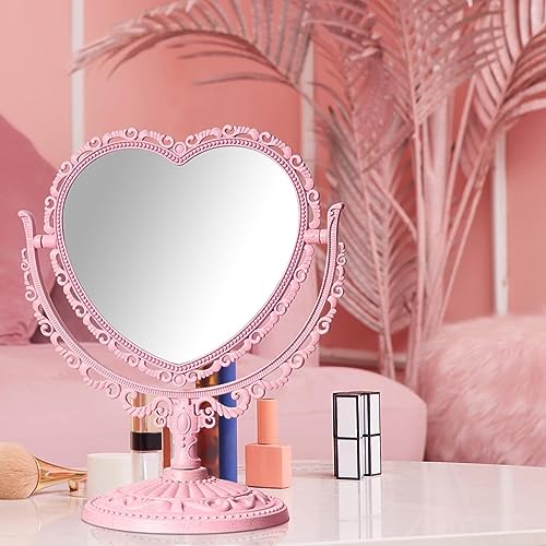 Pink Heart Vanity Mirror 360° Swivel Double Sided Makeup