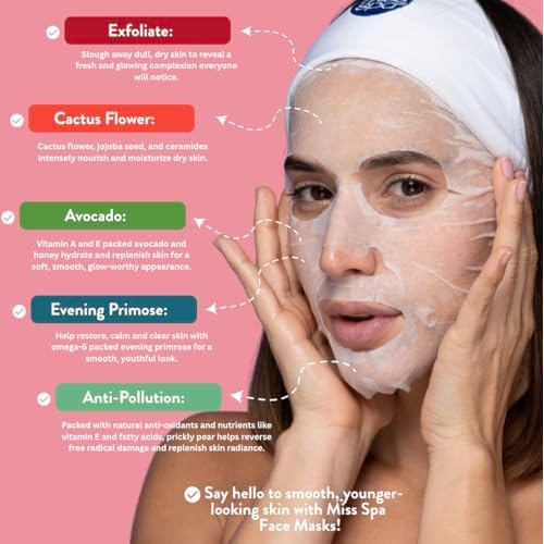 MISS SPA Hydrating & Brightening Sheet Mask Set Facial Masks for Women Exfoliating, Moisturizing Anti-Aging Skincare Bundle Nourishing Masks Dermatologist Tested 5-Pack
