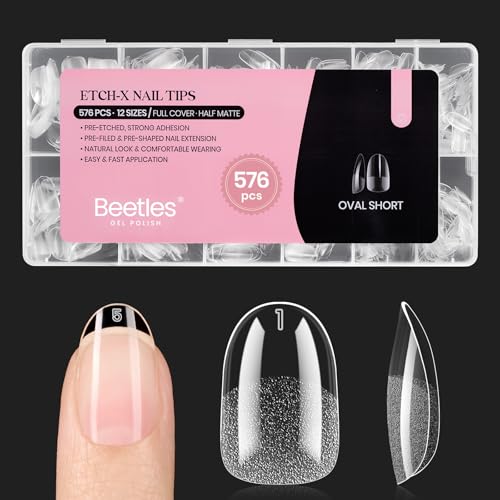 Beetles A- Oval S 576Pcs Short Oval Nail Tips, 12 Sizes, Half Matte Inner Surface