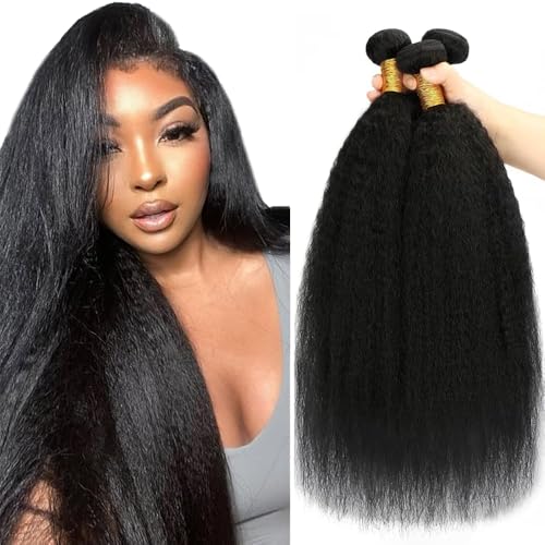 Kinky Straight Human Hair Bundles - Natural Black, 3 Pack, 24-28 Inch