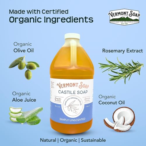 Vermont Castile Soap Unscented, Gentle Liquid Soap for Sensitive Skin & Natural Body Wash, Organic Hair Shampoo for Oily Hair, Aloe Castile Soap for Men & Women - 64 Oz