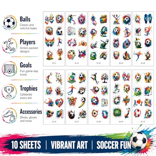 Soccer Temporary Tattoos 10 Sheets 100+ Designs