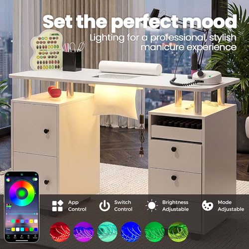 Nail Tech Table with Dust Collector & LED Light - Rolling Manicure Desk
