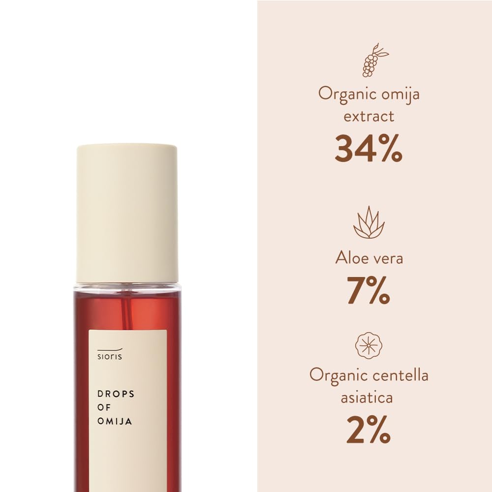 SIORIS Drops of Omija Calming Mist (3.38 fl. oz) features 34% organic Omija, calming The skin, rejuvenating skin, and controlling sebum with mild acidity for a healthy skin