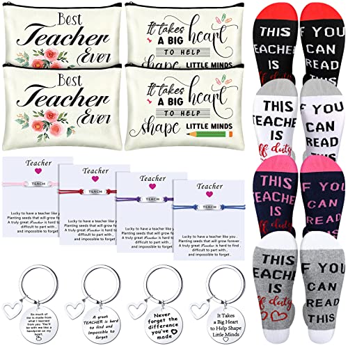 Funtery 16 Pcs Teacher Appreciation Gift Set 4 Cosmetic Bags 4 Keychains 4 Blessing Card Bracelets, 4 Pair Socks