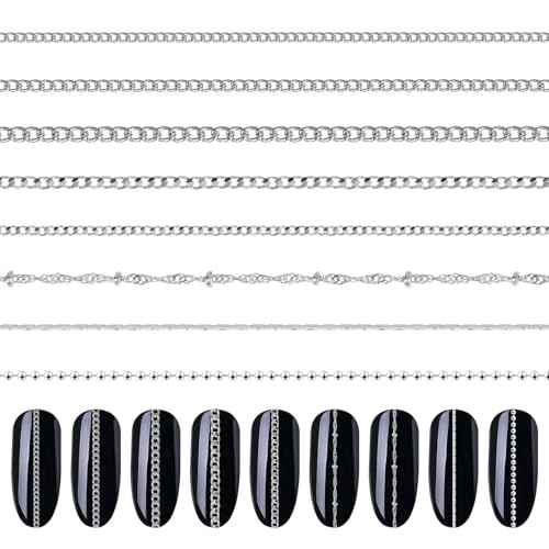 8 Strips Metal Chain Nail Art Charms - Silver Jewelry Chains 3D Decorations Supplies - Punk Studs Accessories for DIY Making Manicure Jewelry (Silver)