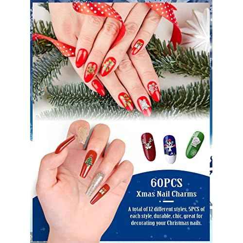60PCS Christmas Nails Charms, Lorvain 3D Xmas Alloy Charms for Nails Snowflake Christmas Tree Nail Rhinestones Elk Santa Metal Nail Art Diamond Gems for Christmas Nail Art Decoration