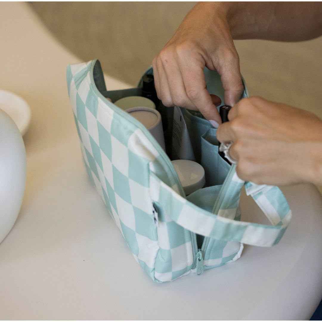 Tiny Twinkle Waterproof Travel Toiletry & Makeup Bag Organizer | Large Capacity Cosmetic Case with Compartments & Handle, A Thoughtful Travel Companion for Women（Sage Checkers