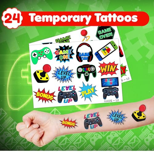 48PCS Video Game Party Set ? 24PCS Temporary Tattoos & 24PCS Slap Bracelets ? Gamer-Themed Birthday Supplies, Baby Shower Gifts, Classroom Rewards & Party Decor for Kids (Boys & Girls)