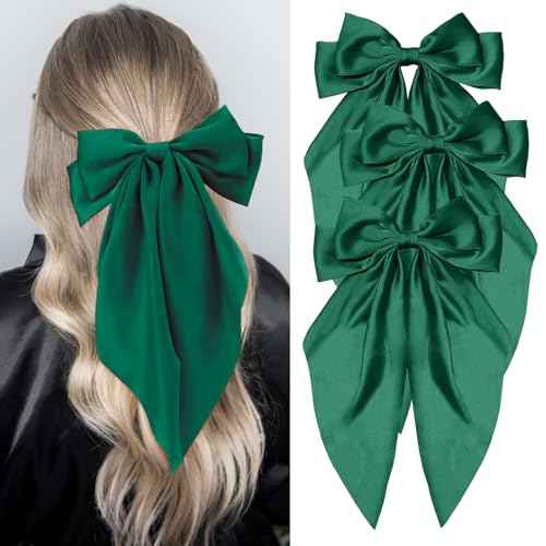 Silky Satin Hair Bows, Oversized Long Tail Bows with Barrette Clips, Coquette Hair Accessories for Women and Girls (Green 3P)