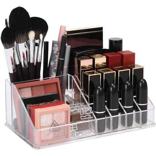 Sea Team 16-Slot Acrylic Plastic Lipstick Organizer, Clear Lipstick Holder, Makeup Storage Box, Cosmetic Display Case for Lippie, Lip Gloss, Eye Liner, Eyebrow Pencil, Nail Polish, Essence, Brush