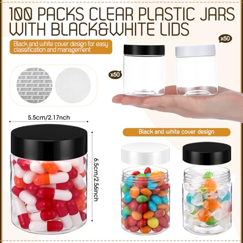 Meanplan 100 Pcs 4 oz Plastic Container Jars Clear Round Cosmetic Container with Lids, Plastic Jars with Screw Lids for Travel Storage, Kitchen Use, DIY Crafts(Black, White, PP)