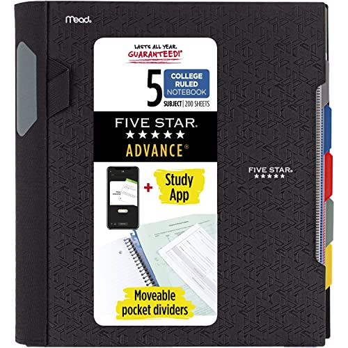 Five Star Spiral Notebook + Study App, 5 Subject, College Ruled Paper, Advance Notebook with Spiral Guard, Movable Tabbed Dividers and Expanding Pockets, 8-1/2" x 11", 200 Sheets, Black (73144)