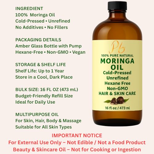 Moringa Oil ? 100% Pure, Cold-Pressed & Unrefined ? Moringa Seed Oil for Face, Skin, Hair & Body ? Hydrating, Anti-Aging Moisturizer ? 16 fl oz Amber Glass Bottle with Pump