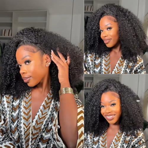 Kinky Curly Half Wig Human Hair 3-in-1 Drawstring Seamless Flip Over Glueless Wig for Black Women 16 Inch