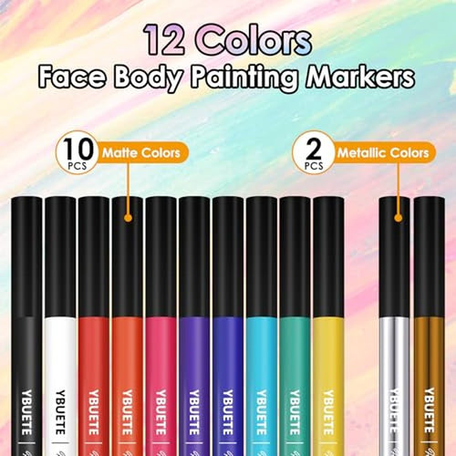 12 Colors Face Body Painting Markers, Water Resistance Tattoo Pen for Adults, Long-lasting and Smudge-proof Temporary Tattoo Markers for Mardi Gras Parties, SFX & Festivals