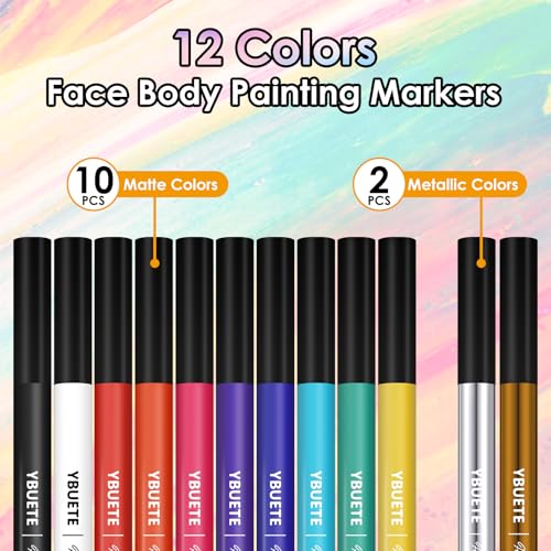 12-Color Face Body Painting Markers - Water-Resistant Tattoo Pen