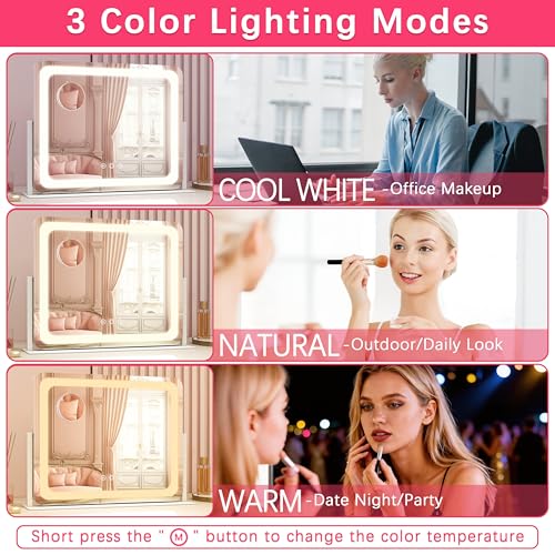ROLOVE White 22x17 Inch Lighted Vanity Mirror with Dimmable LED & 360° Rotation