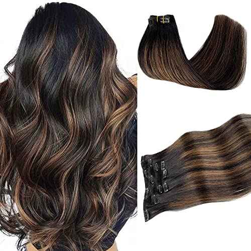 Hair Extensions Real Human Hair, Clip in Hair Extensions for Women 70g 5pcs Thick Straight Natural Black Highlights Brown Human Hair Clip in Extensions Seamless Remy Human Hair Extensions 22 Inch