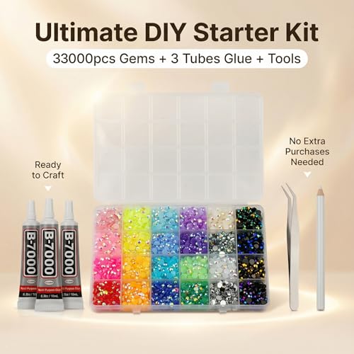 Worthofbest 33,000 Pcs 3mm Flatback Rhinestone Kit with B7000 Glue & Tools