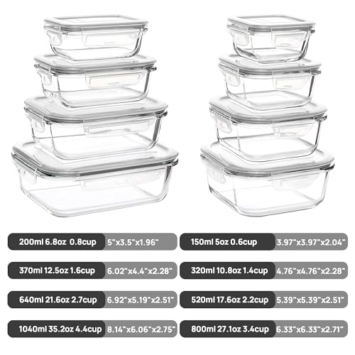 Vtopmart 8 Pack Glass Containers Set for Food Storage with Airtight Lids, Meal Prep Container Glass for Lunch, On the Go, Leftover, Freezer, Fridge, Microwave, Dishwasher Safe, BPA Free