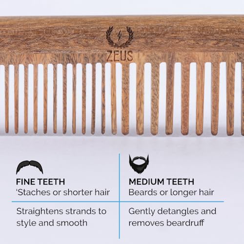 ZEUS Sandalwood Beard & Mustache Comb for Men with Leather Case, Handmade Anti-Static Saw-Cut Wood Comb for Grooming (L31)