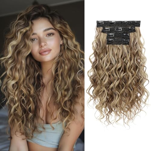 REECHO Clip-In Curly Hair Extensions 16 inch 4PCS Light Brown