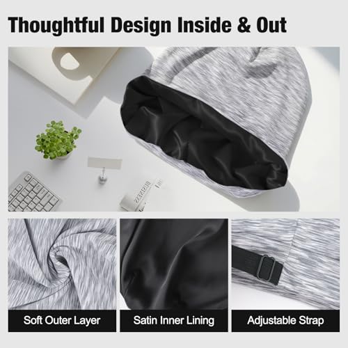 Srevela Black/Gray 2-Pack Satin Sleep Bonnet for Men & Women, Adjustable & Breathable Night Cap