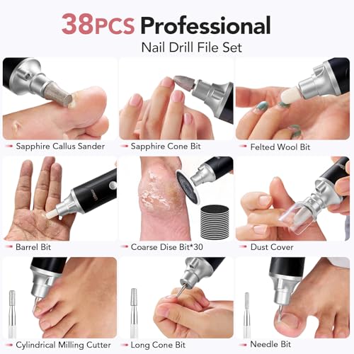 Electric Nail Drill File - 15 Speed Cordless Pedicure Set for Home Use