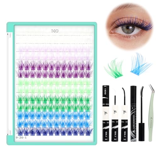 BODERMINCER Lash Clusters Kit 10-12-14-16mm Mixed Natural D Curl Fairy Lashes Pre-glue Extension Bond and Seal for Self Use DIY at Home (Colorful 16MM M02#)