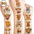 96PCS Highland Cow Print Pre Cut Temporary Tattoos Themed Birthday Party Decorations Decor Supplies Favors Animal Brown Cattle Tattoo Stickers Gifts For Game Boys Girls Classroom School Prizes