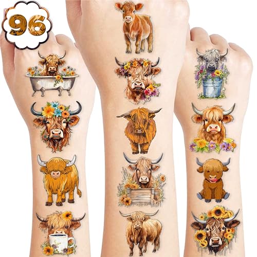 96PCS Highland Cow Print Pre Cut Temporary Tattoos Themed Birthday Party Decorations Decor Supplies Favors Animal Brown Cattle Tattoo Stickers Gifts For Game Boys Girls Classroom School Prizes