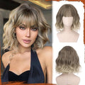 Sofeiyan 12 Inch Wavy Brown Ombre Blonde Bob Wig with Bangs