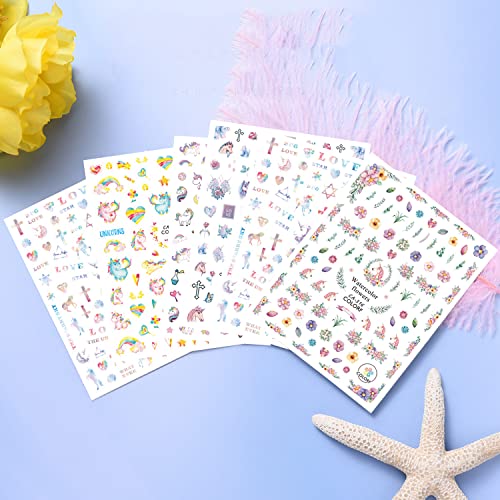 Cute Nail Art Stickers, 3D Cartoon Animal Nail Art Decals Holographic Unicorn Rainbow Heart Flowers Nail Adhesive Sticker Design for Women Girls Manicure Decoration DIY Nail Decal Supplies