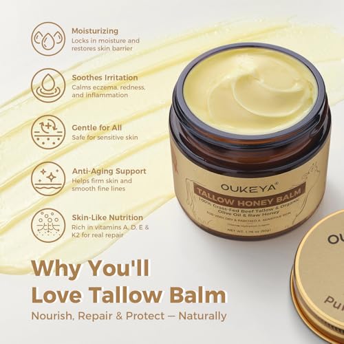 OUKEYA Tallow & Honey Face Moisturizer - Eczema Cream for Sensitive Skin & Extremely Dry, Grass-Fed Beef Tallow Skincare Balm with Organic Honey 3.88oz 110g